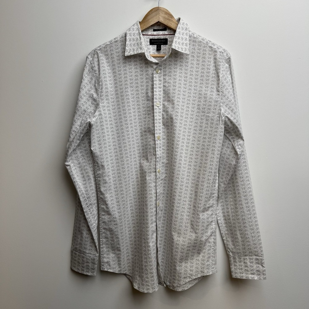 Banana Republic Men's Medium Dress Shirt Slim Fit White‎ Bicycle Print Overall